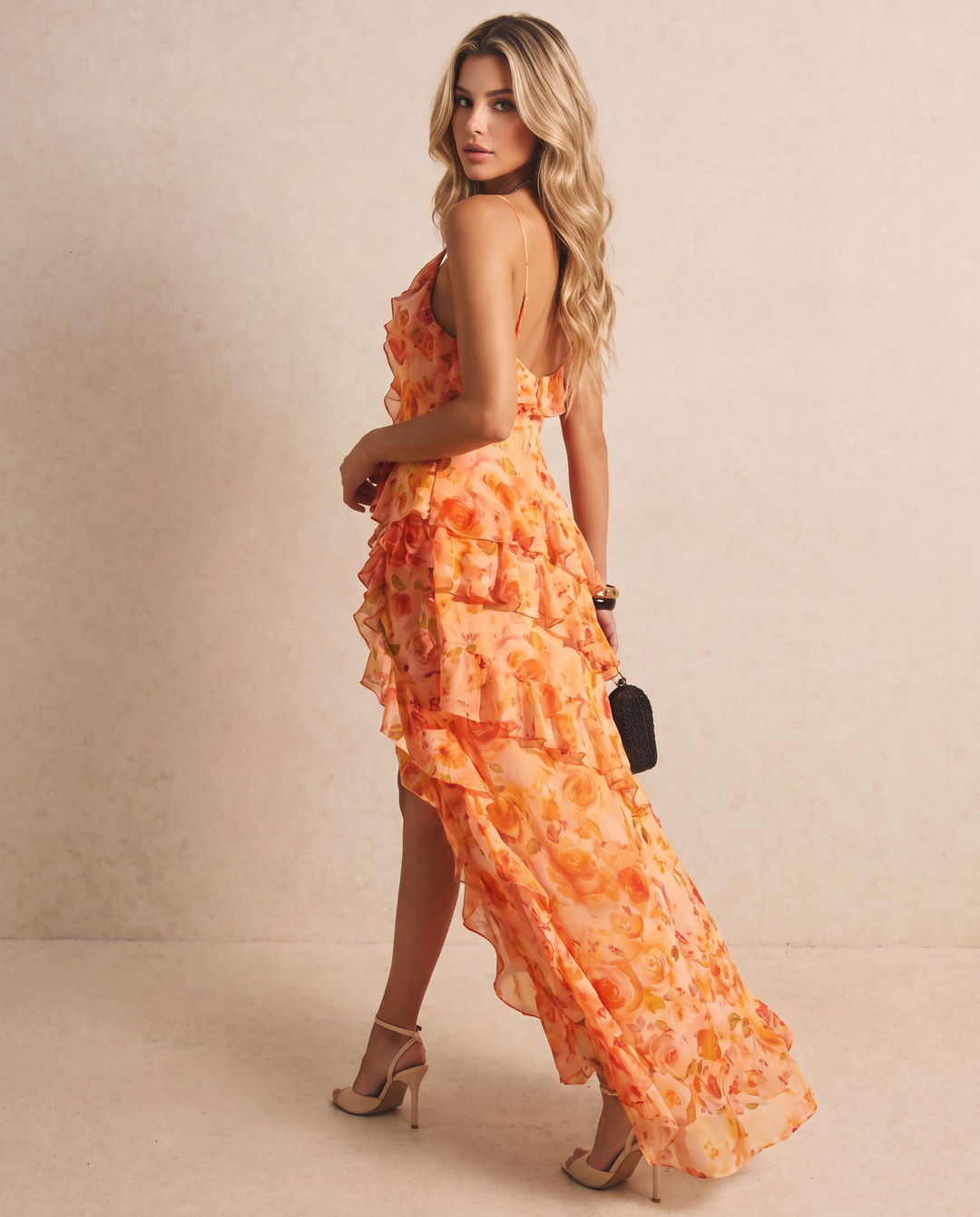 SOLACEOrange Floral Print Asymmetrical Ruffle Spaghetti Strap Maxi Dress