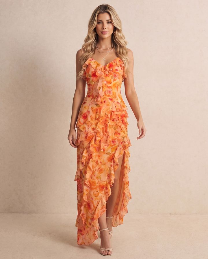 SOLACEOrange Floral Print Asymmetrical Ruffle Spaghetti Strap Maxi Dress