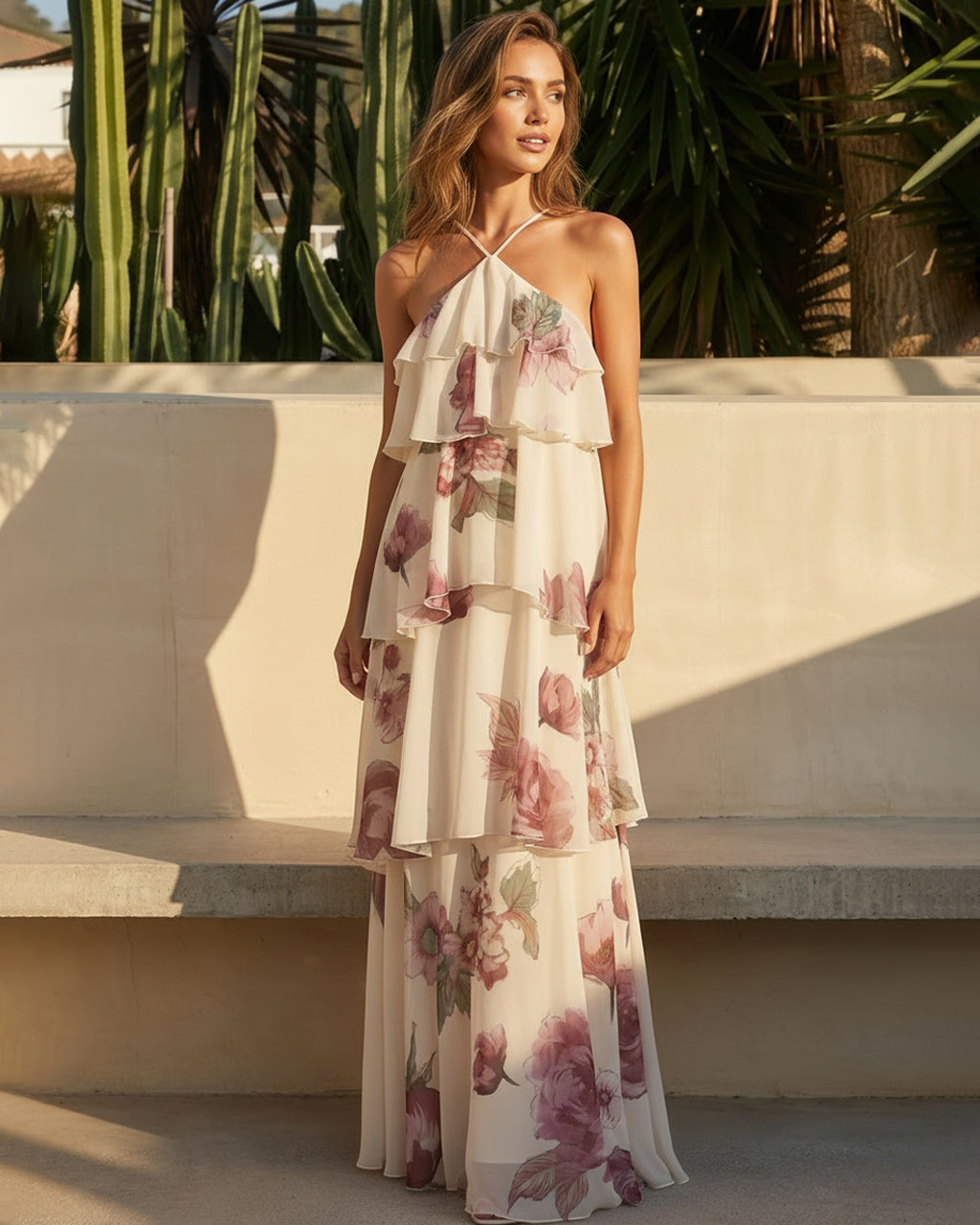 Cream  Floral Print Halter Neck Tiered Ruffle Maxi Dress SOLACE