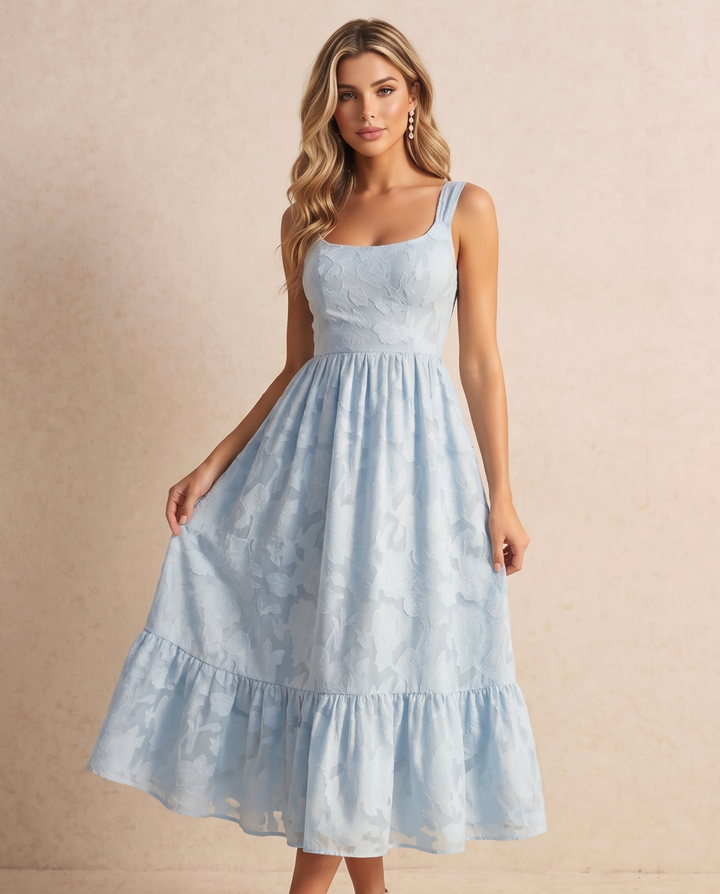 SOLACELight Blue Floral Textured Fabric Slim Fit Midi Dress