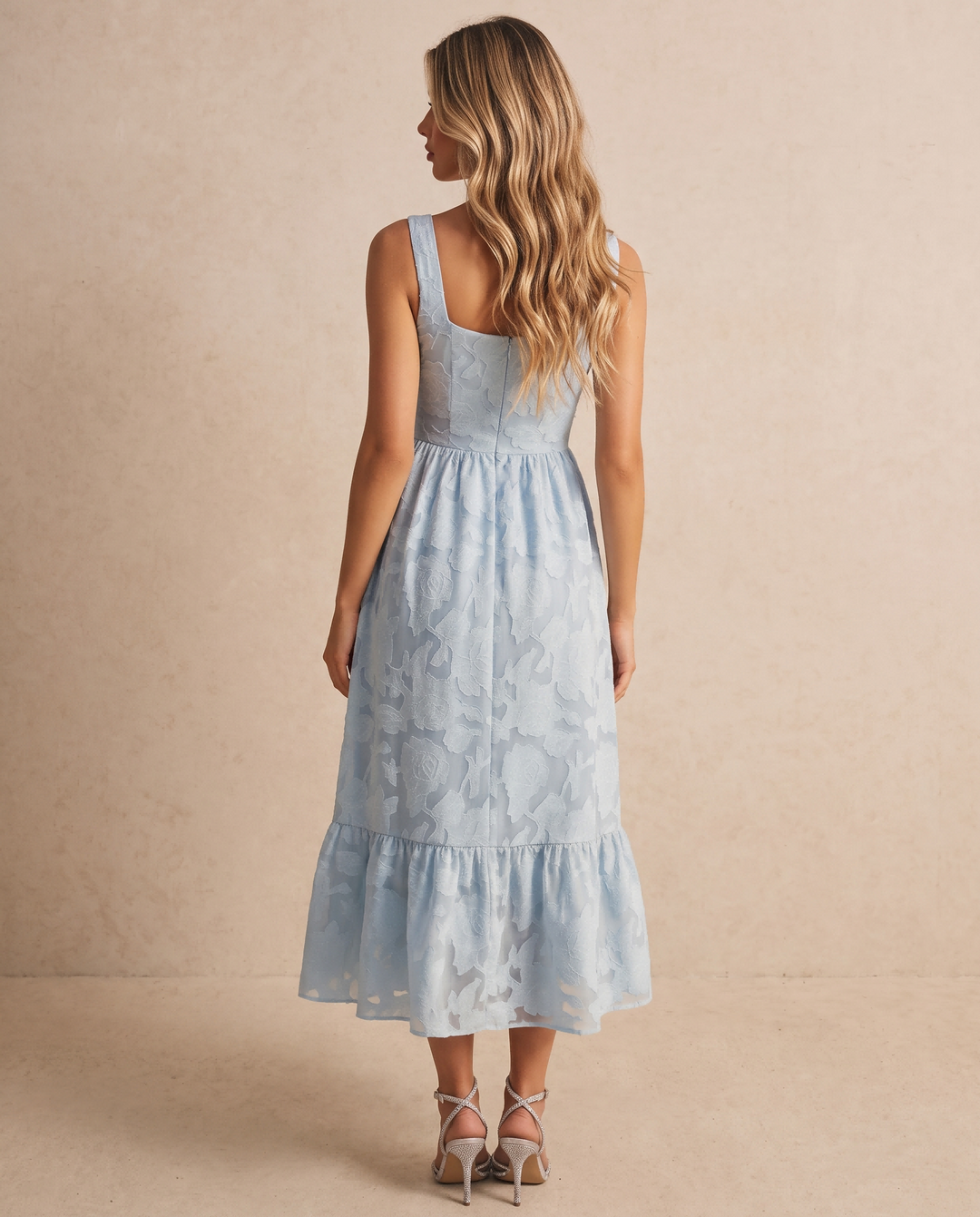 SOLACELight Blue Floral Textured Fabric Slim Fit Midi Dress