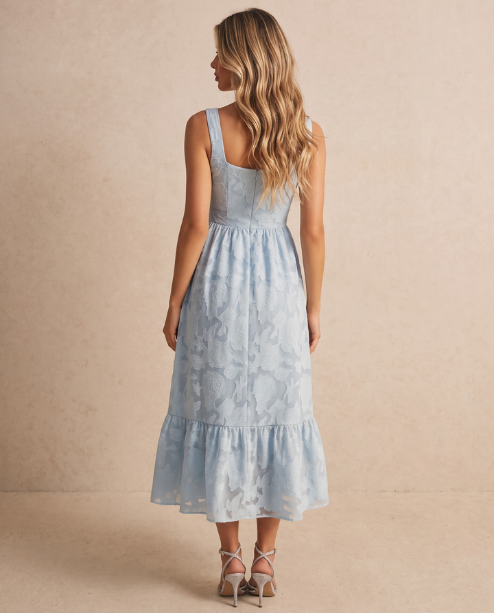 SOLACELight Blue Floral Textured Fabric Slim Fit Midi Dress