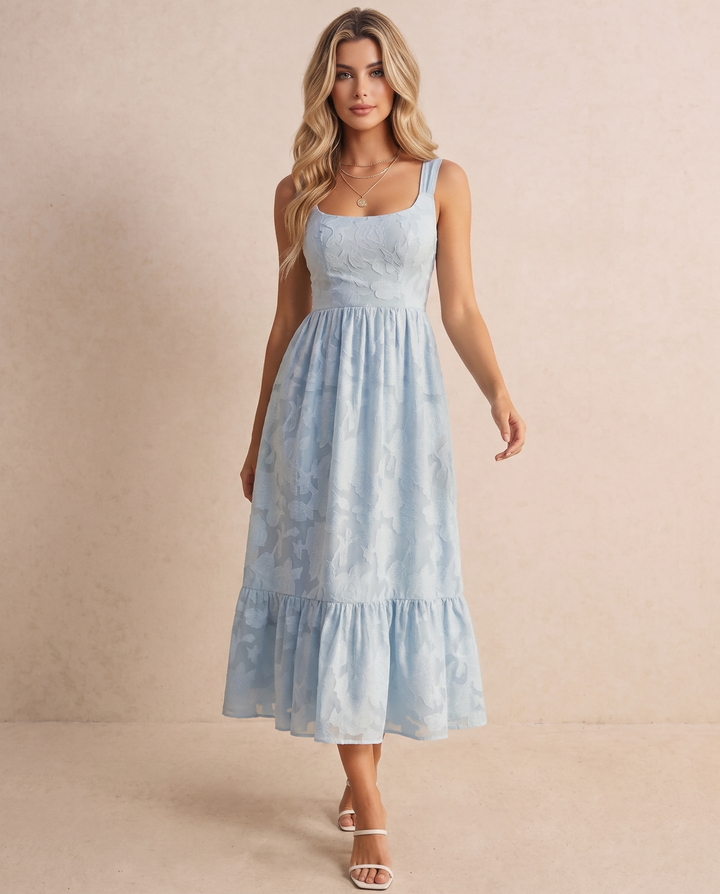 SOLACELight Blue Floral Textured Fabric Slim Fit Midi Dress