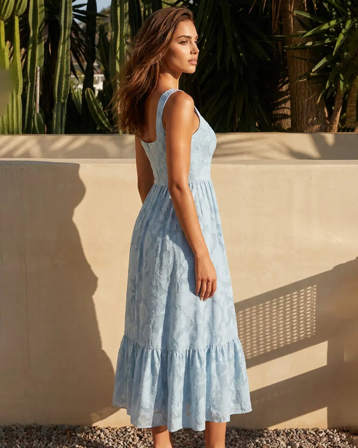 Light Blue Floral Textured Fabric Slim Fit Midi Dress SOLACE