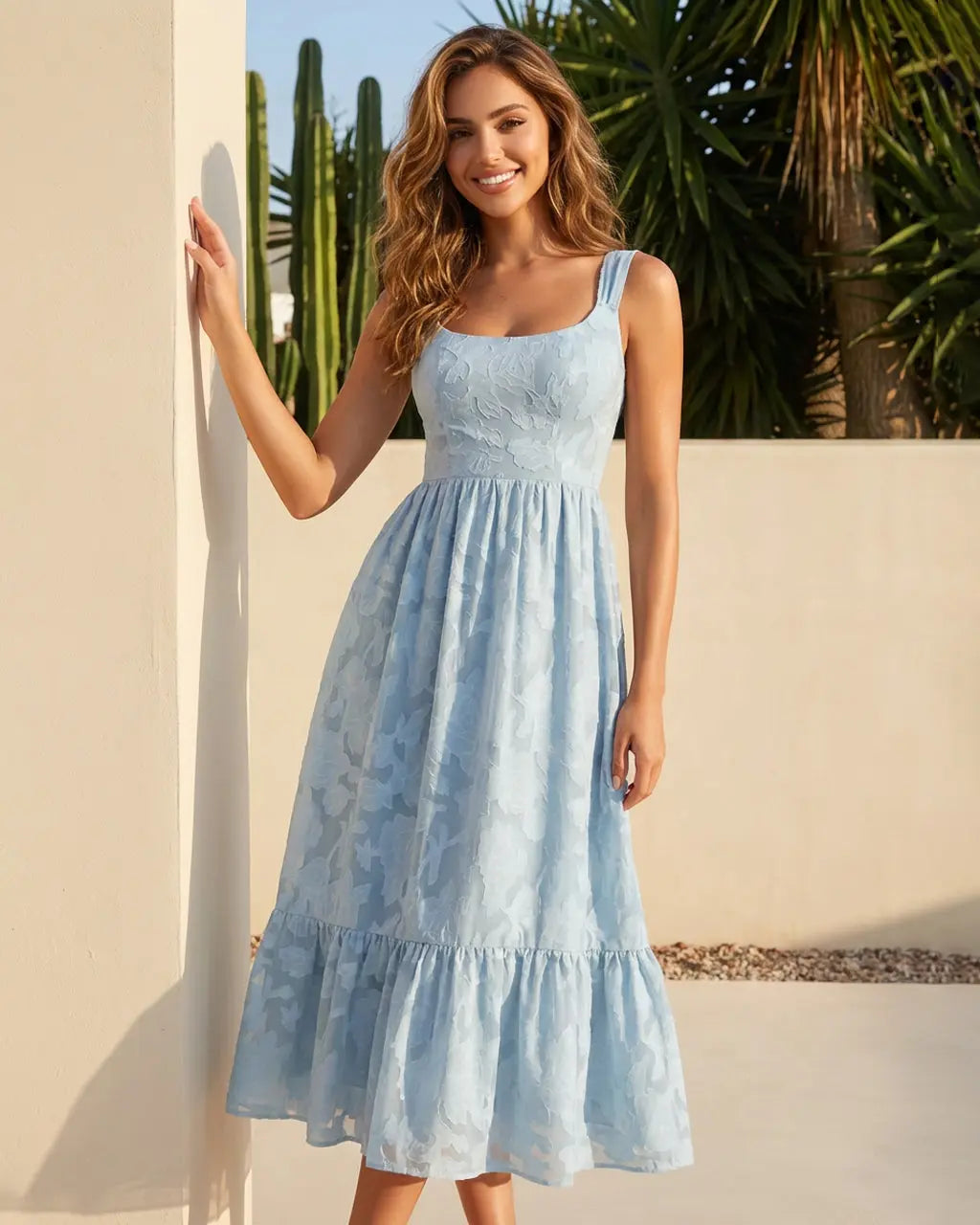 Light Blue Floral Textured Fabric Slim Fit Midi Dress SOLACE