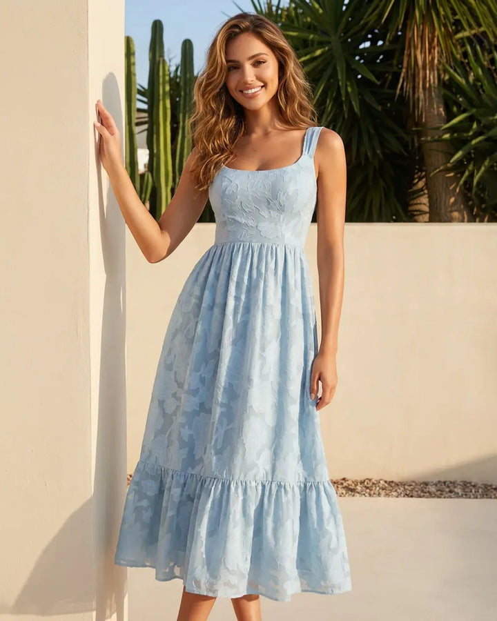 Light Blue Floral Textured Fabric Slim Fit Midi Dress SOLACE