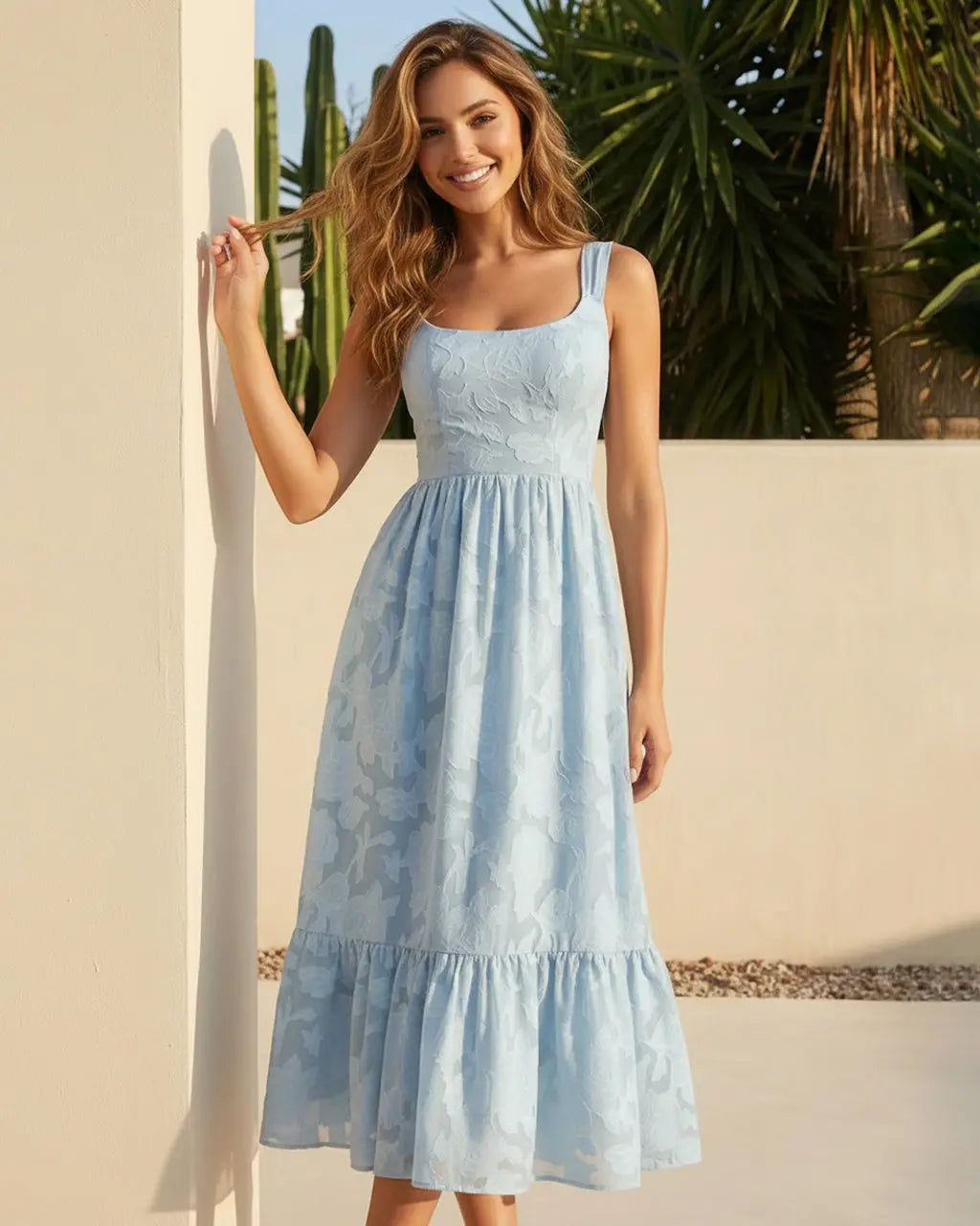 Light Blue Floral Textured Fabric Slim Fit Midi Dress SOLACE