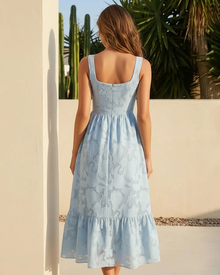 Light Blue Floral Textured Fabric Slim Fit Midi Dress SOLACE