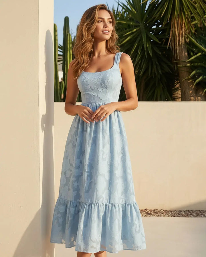 Light Blue Floral Textured Fabric Slim Fit Midi Dress SOLACE