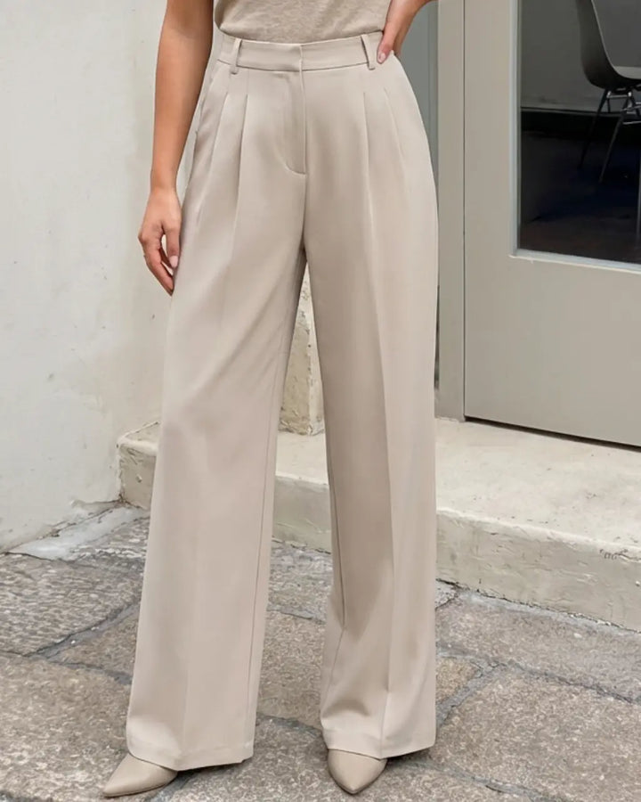 Beige Pleated Front Minimalist Wide Leg Pants SOLACE