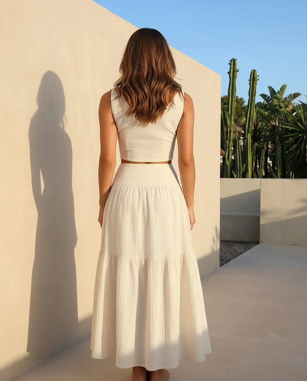 SOLACE  White Floral Embroidered Cotton Linen Slim Fit Croped Top Maxi Dress Bohemian Set 