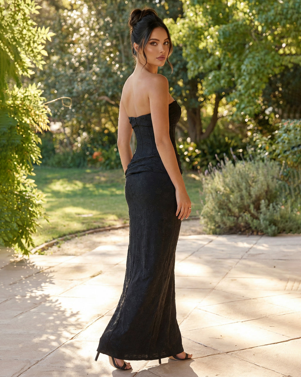 Elegant Black Strapless High Slit Corset Bodice Maxi Dress