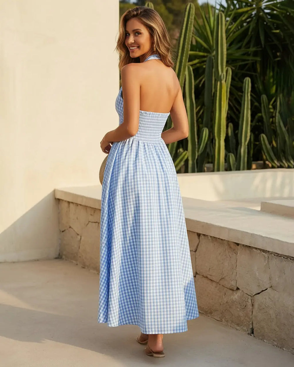 Blue Smocked Bodice Gingham Pattern Fit Flare Midi Dress SOLACE