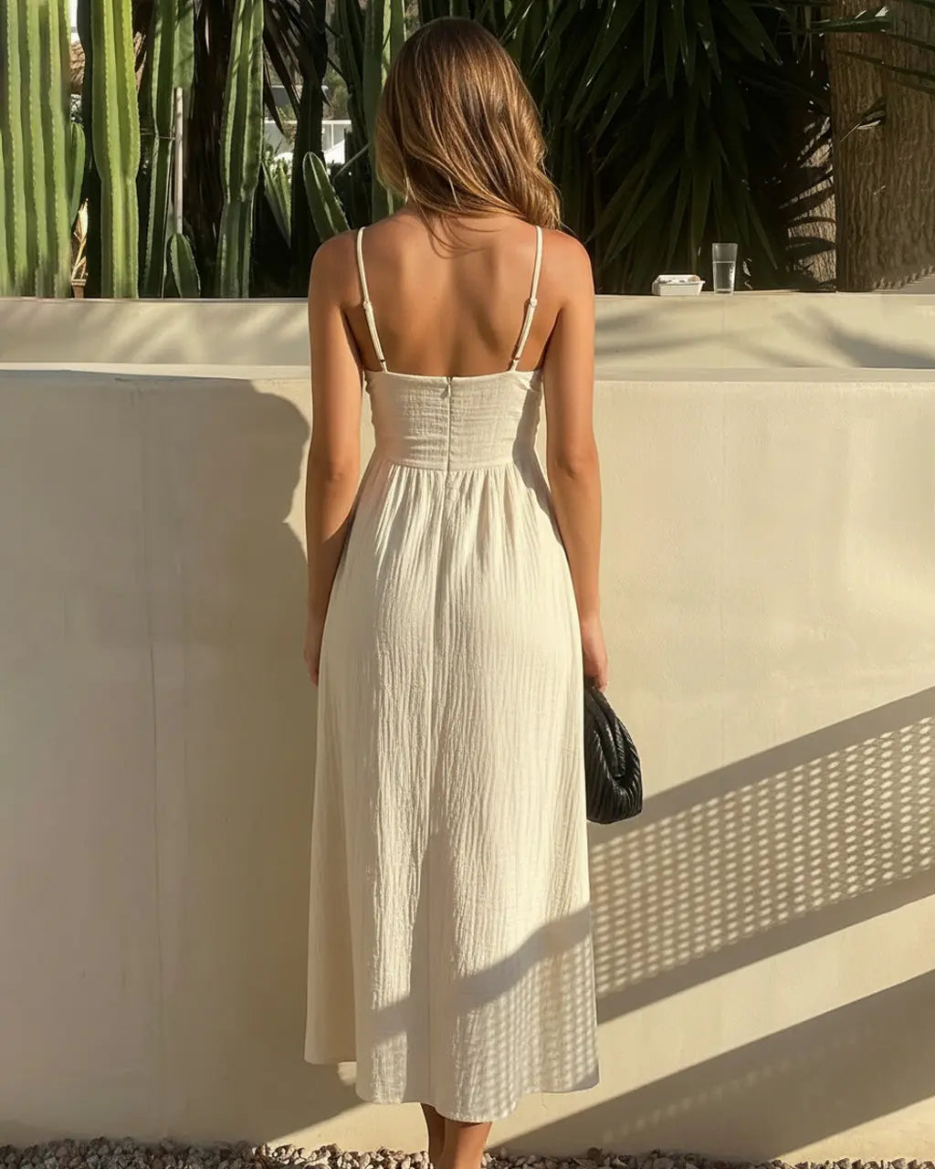 Sexy Beige Cut Out Detail Textured Cotton Maxi Dress SOLACE