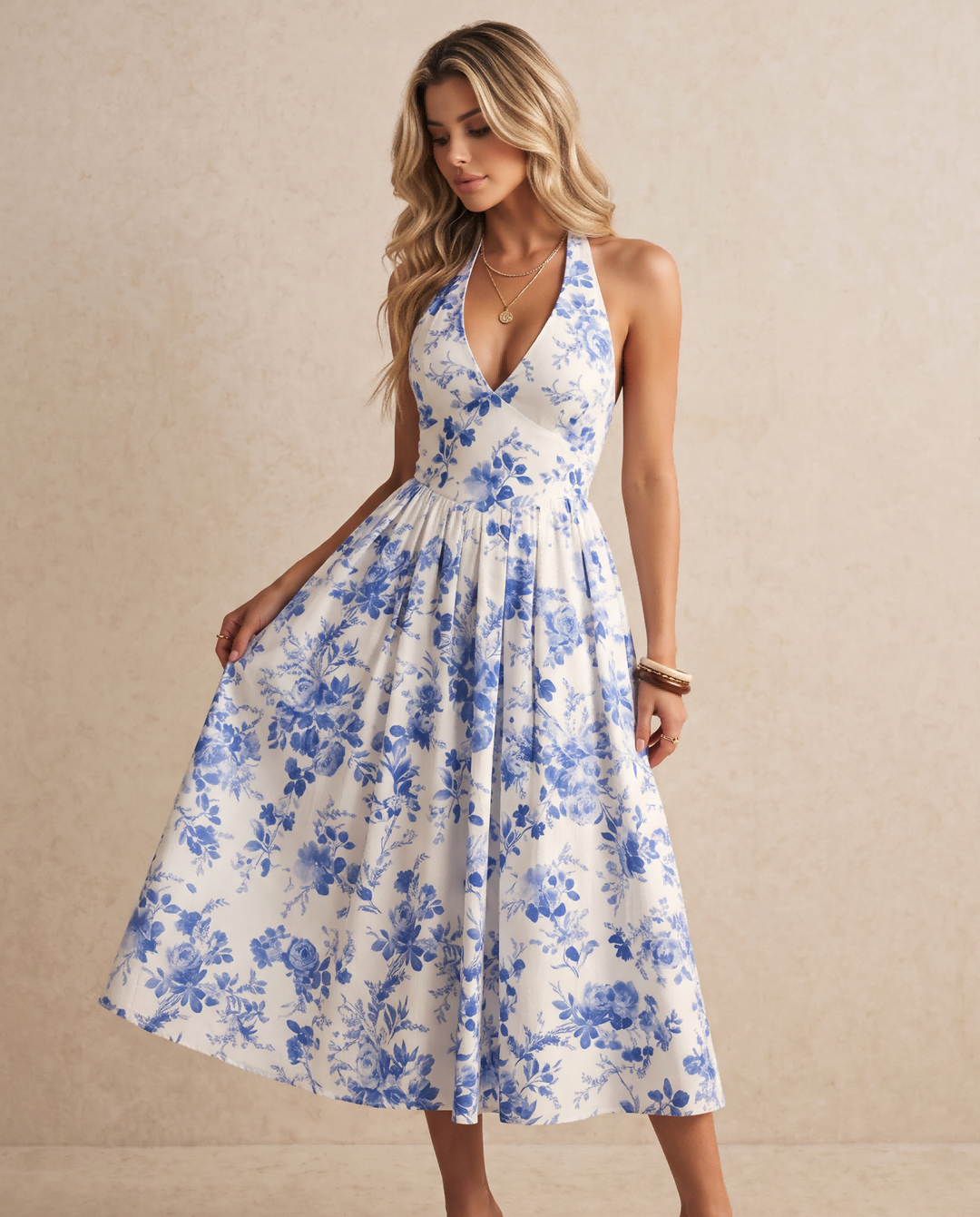 SOLACEBlue Floral Print Halter Neck A-Line Midi Dress