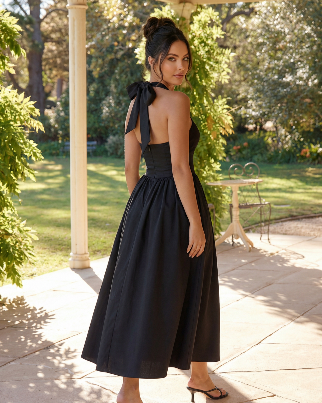 Black Halter Neck Square Neck A-Line Back Bow Midi Dress