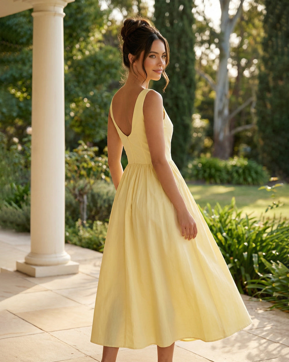 Yellow Sleeveless V-Neck Corset Bodice Midi Dress SOLACE