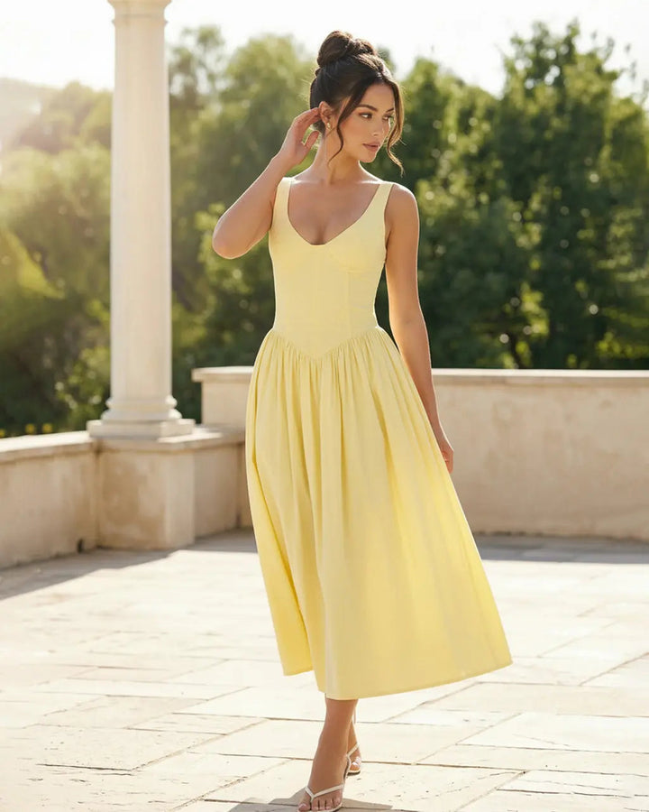 SOLACE  V-Neck Sleeveless Corset Bodice Midi Dress 