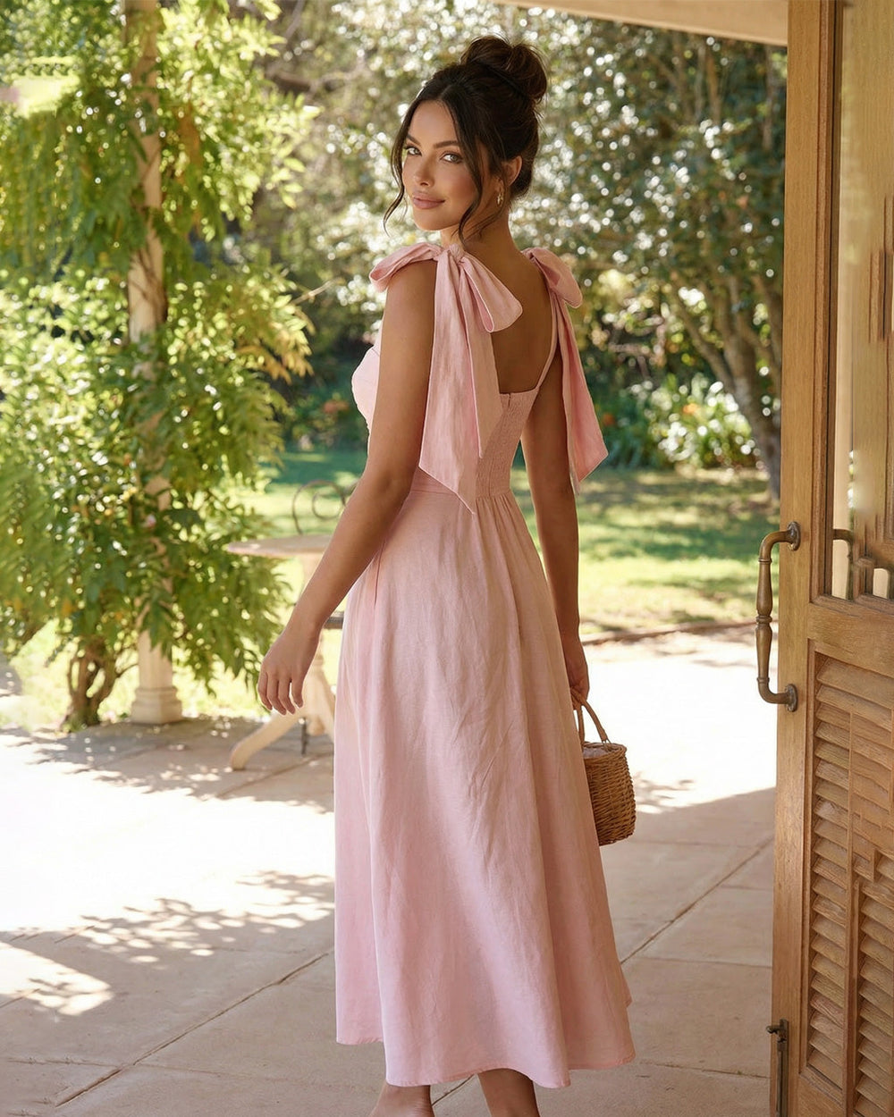 Pink Sweetheart Neck Bow Shoulder Fit-And-Flare Midi Dress SOLACE
