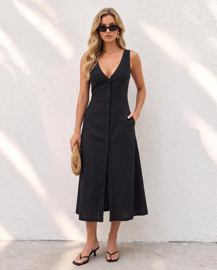 SOLACEBlack V-Neck Sleeveless Button Front Front Slit Midi Dress