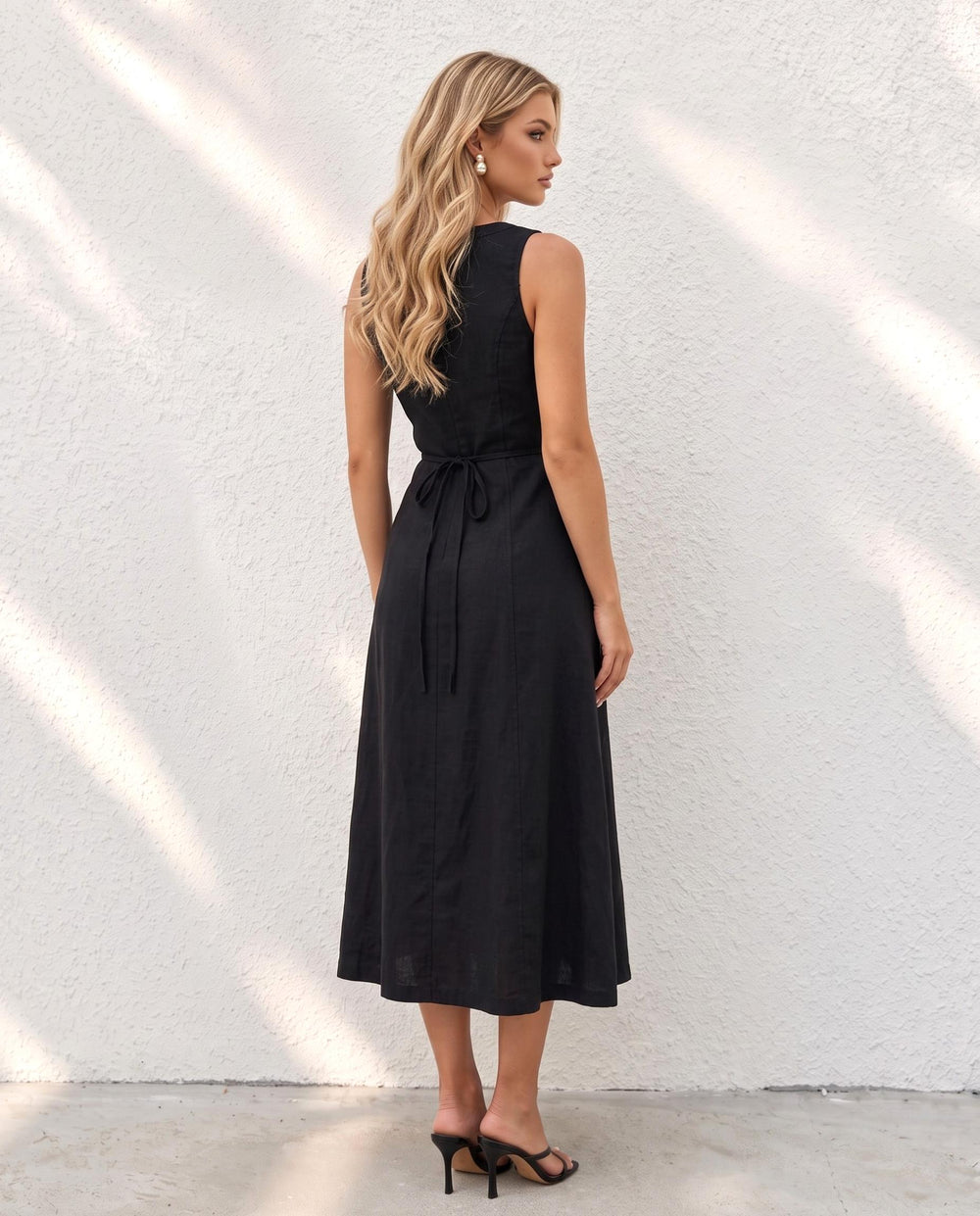 SOLACEBlack V-Neck Sleeveless Button Front Front Slit Midi Dress