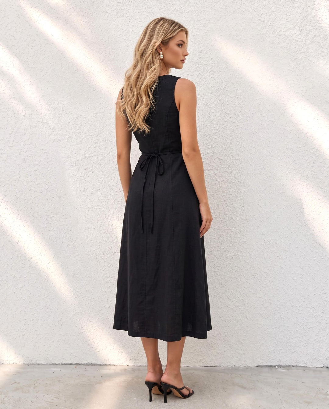 SOLACEBlack V-Neck Sleeveless Button Front Front Slit Midi Dress
