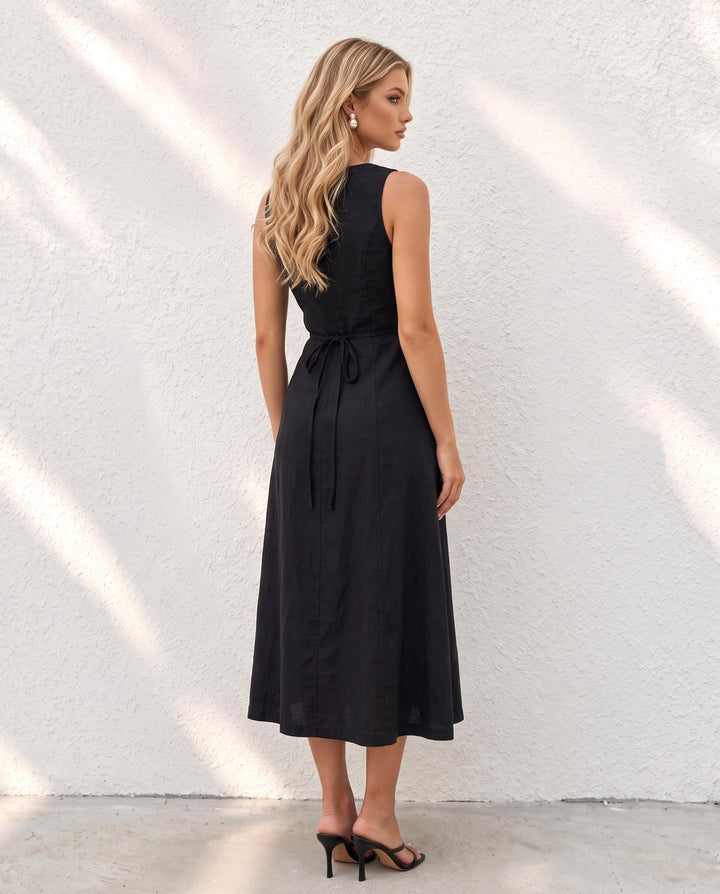 SOLACEBlack V-Neck Sleeveless Button Front Front Slit Midi Dress