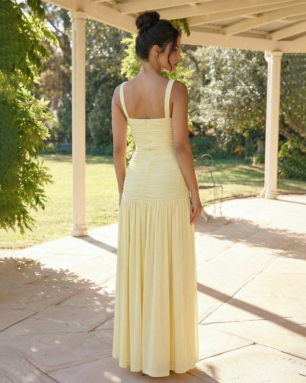 Yellow Ruched High Slit Maxi Dress Wide Straps SOLACE
