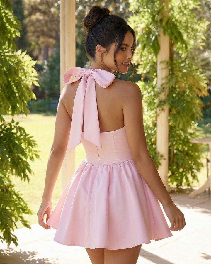 Pink Square Neck Fitted Bodice Flared Hem Mini Dress SOLACE