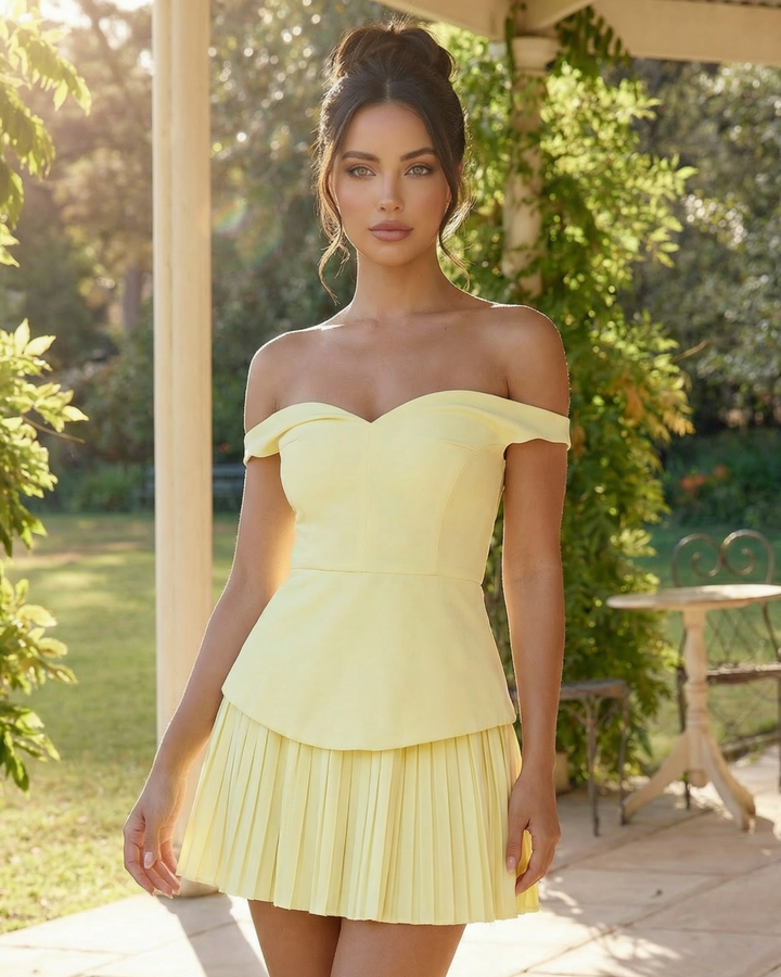 Elegant Yellow Off-Shoulder Top Pleated  Mini Skirt Set