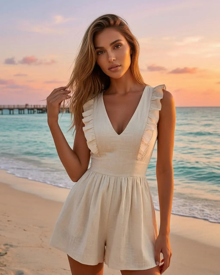 Beige Chic Ruffle Trim Linen Blend Slim Fit Short Romper SOLACE