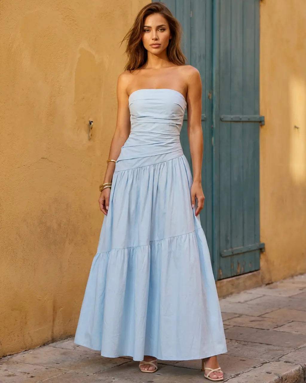 Light Blue Strapless Ruching Breathable Cotton Slim Fit Maxi Dress SOLACE