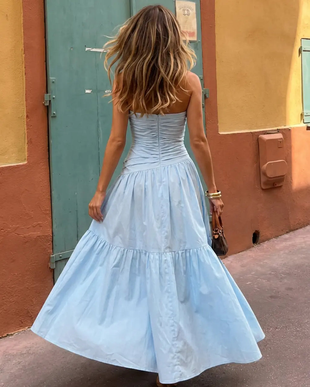 Light Blue Strapless Ruching Breathable Cotton Slim Fit Maxi Dress SOLACE