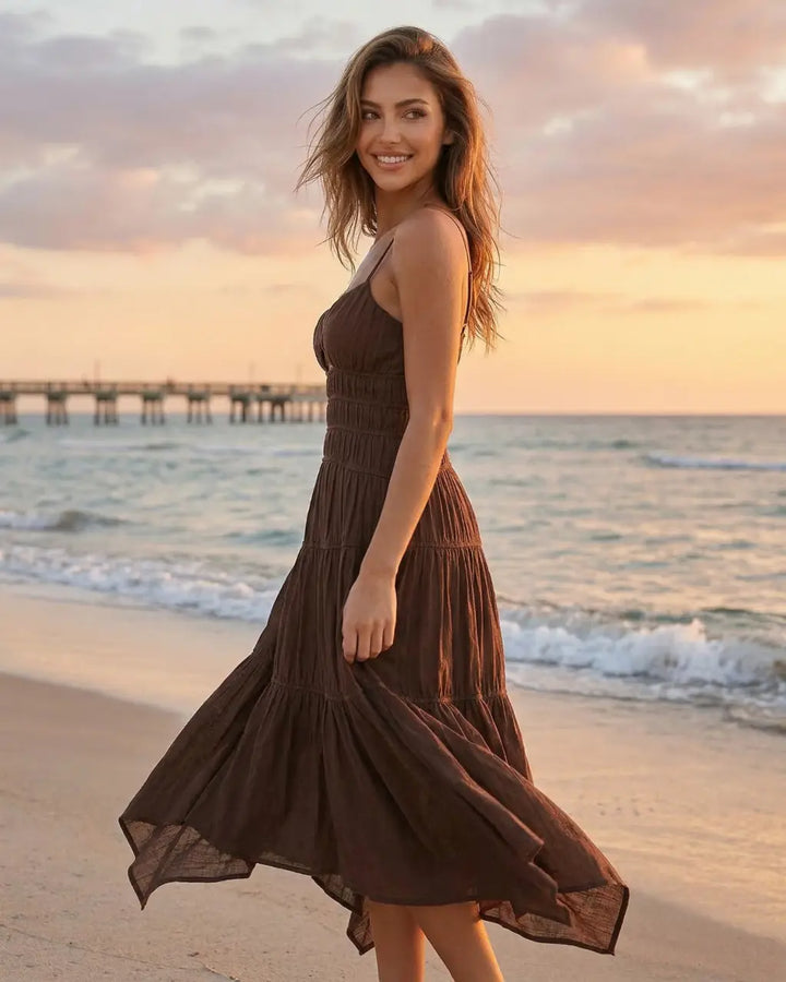 SOLACE  Brown Spaghetti Strap Cutout Detail Smocked Tiered Maxi Dress 