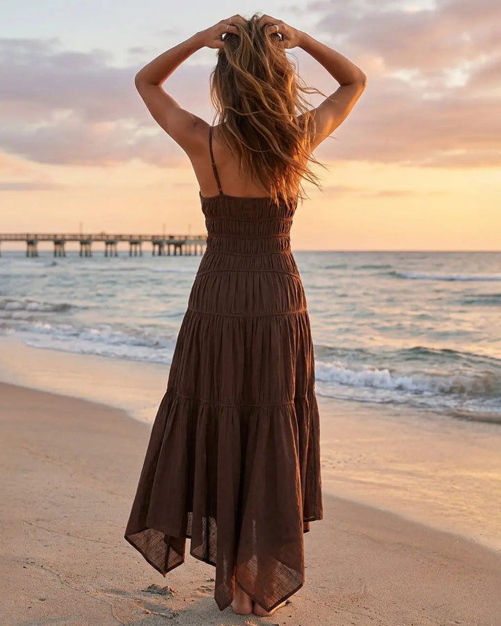 SOLACE  Brown Spaghetti Strap Cutout Detail Smocked Tiered Maxi Dress 
