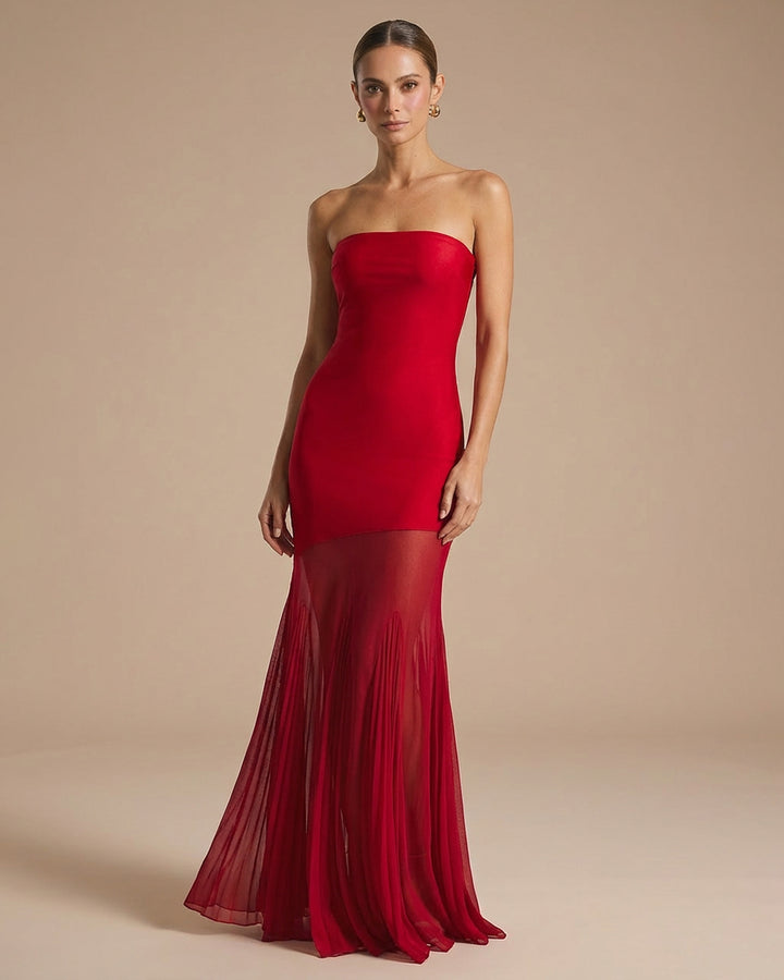 Red Strapless Straight Neck Bodycon Mermaid Maxi Dress