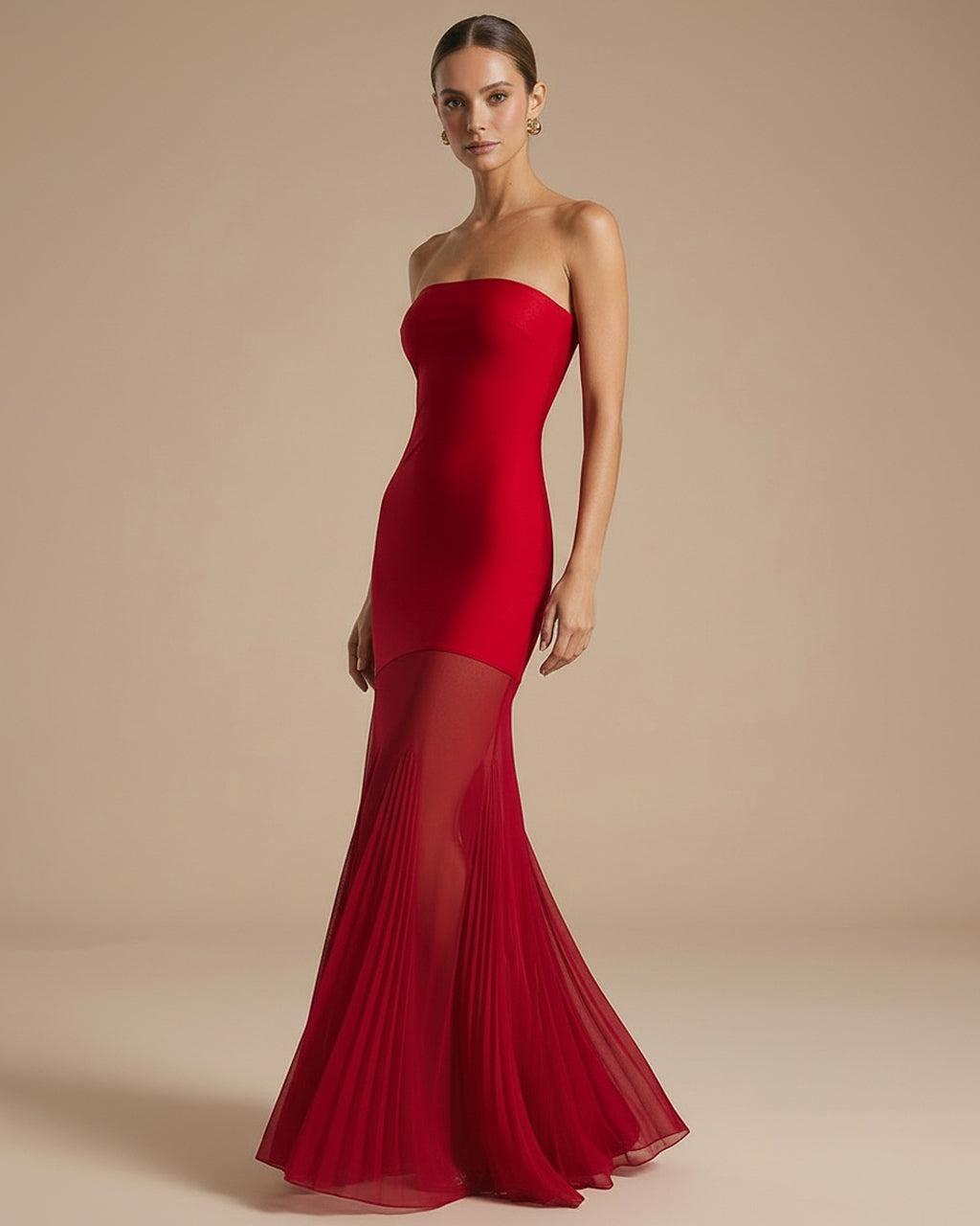 Red Strapless Straight Neck Bodycon Mermaid Maxi Dress