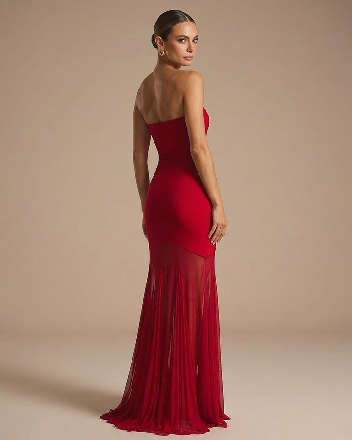 Red Strapless Straight Neck Bodycon Mermaid Maxi Dress