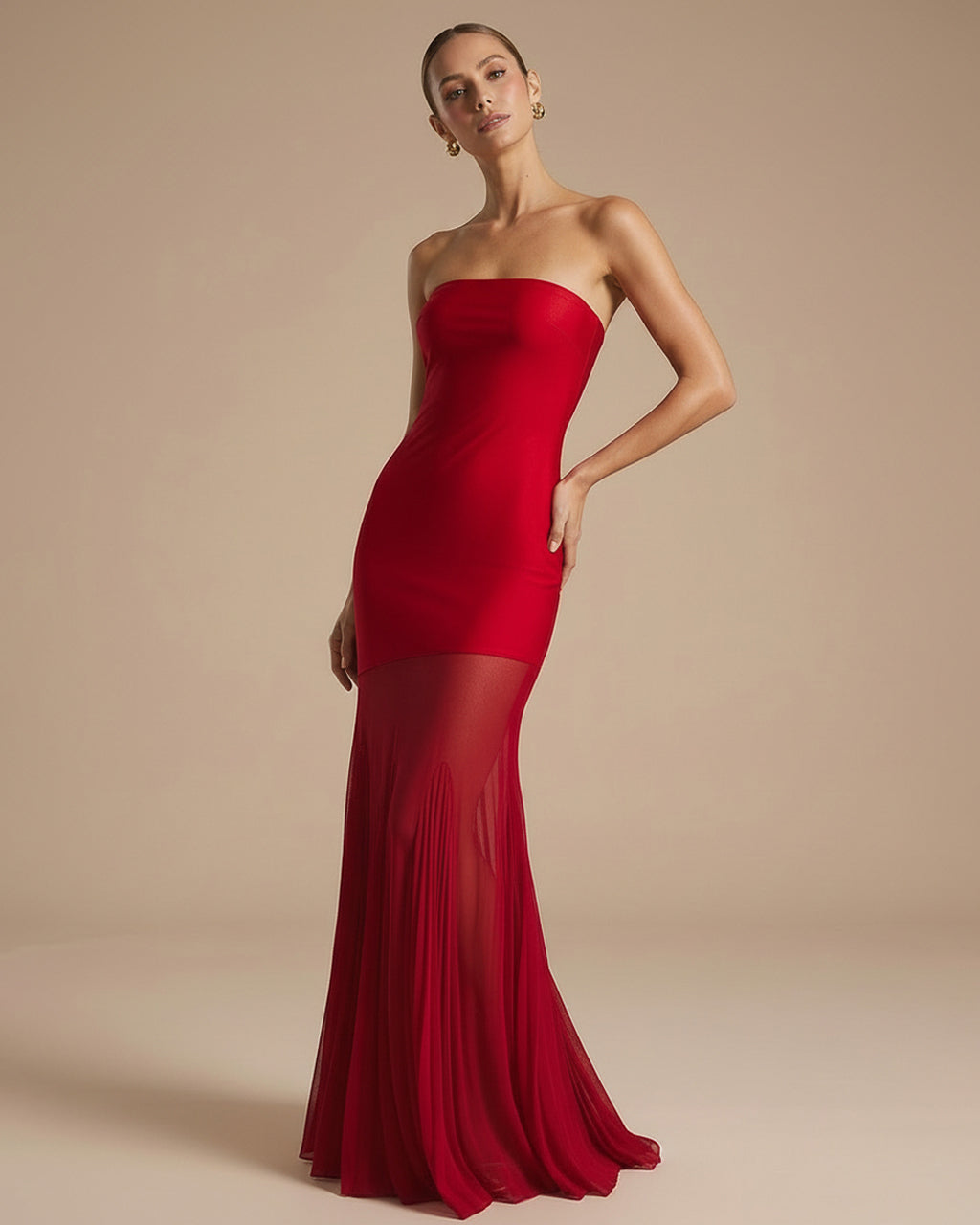 Red Strapless Straight Neck Bodycon Mermaid Maxi Dress