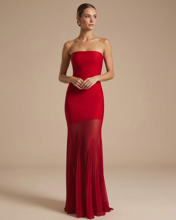 Red Strapless Straight Neck Bodycon Mermaid Maxi Dress