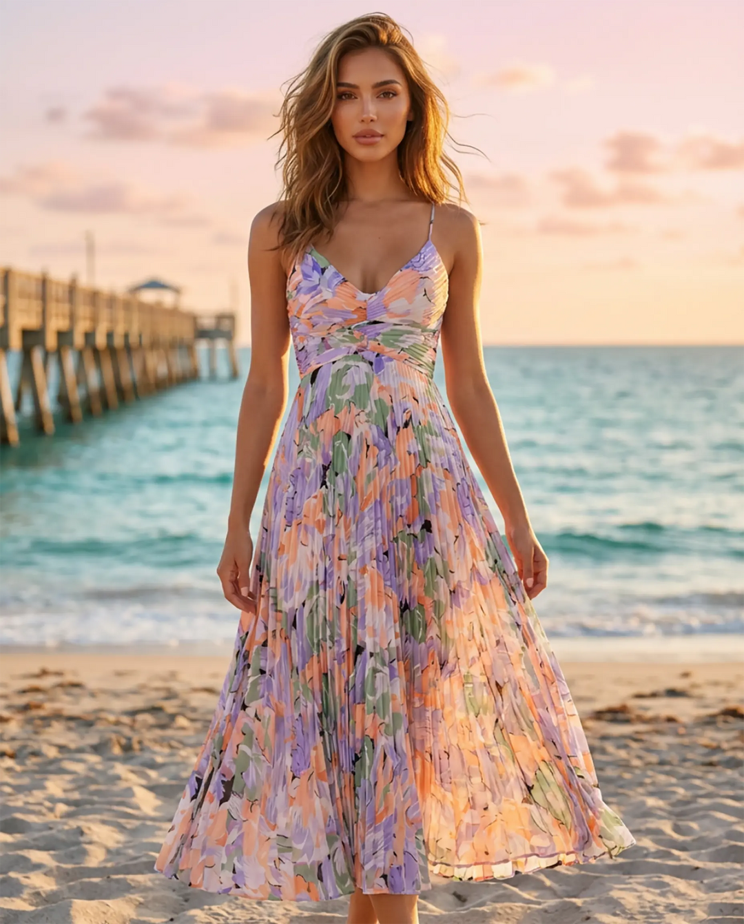 SOLACE  Elegant Floral Print V-Neck Pleated Midi Dress 