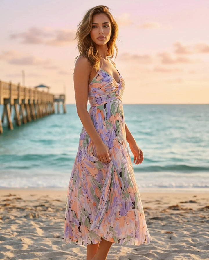 SOLACE  Elegant Floral Print V-Neck Pleated Midi Dress 