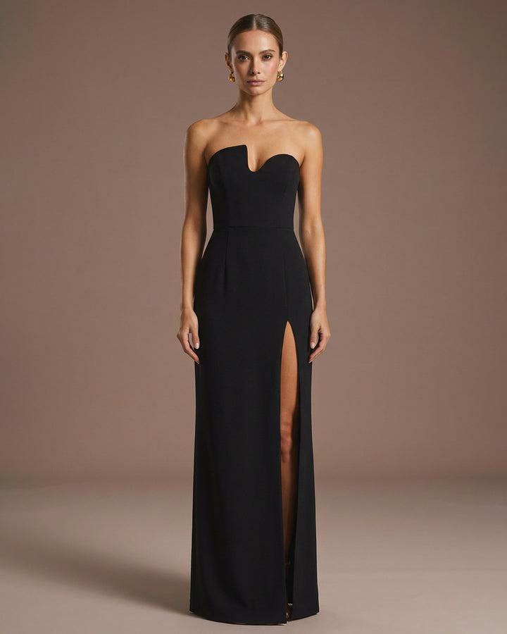 Black Strapless Sweetheart Notch Neck High Slit Maxi Dress