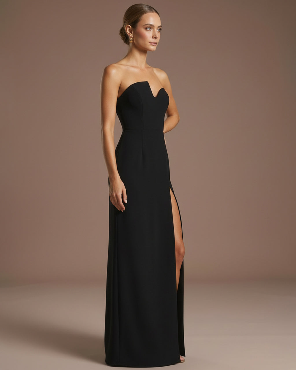 Black Strapless Sweetheart Notch Neck High Slit Maxi Dress