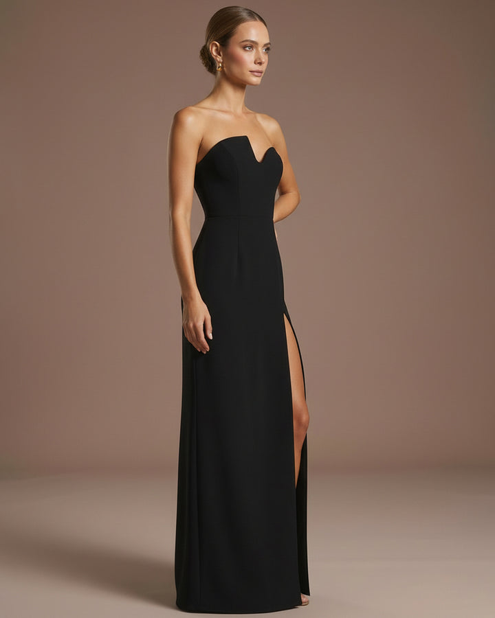 Black Strapless Sweetheart Notch Neck High Slit Maxi Dress