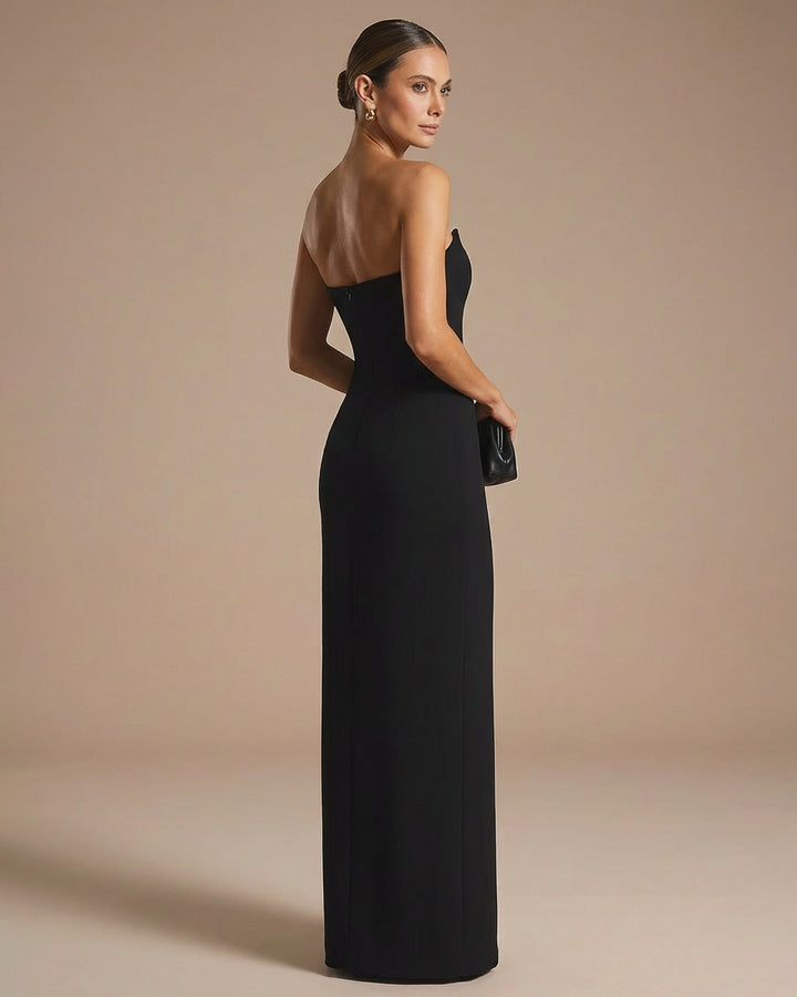 Black Strapless Sweetheart Notch Neck High Slit Maxi Dress