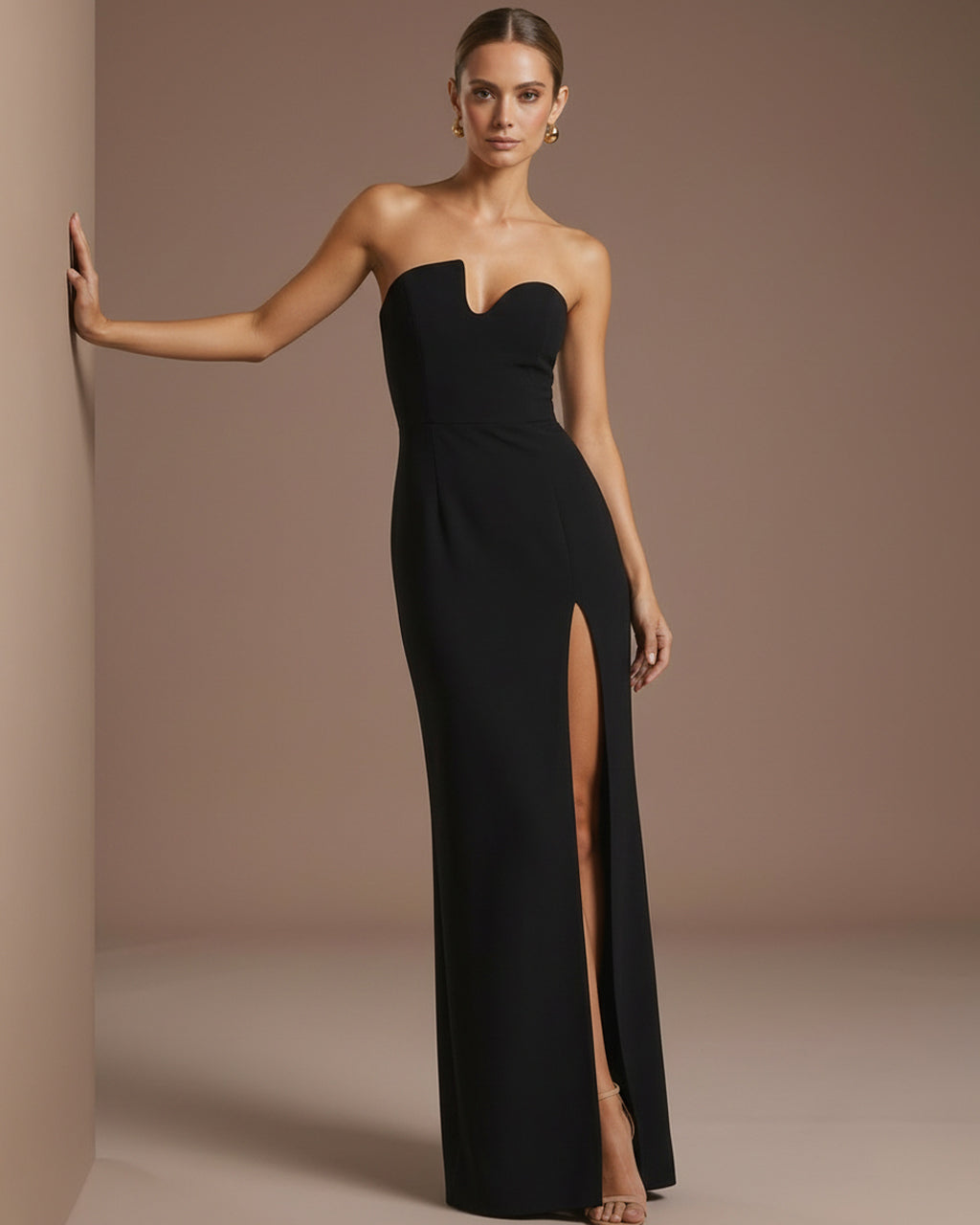 Black Strapless Sweetheart Notch Neck High Slit Maxi Dress