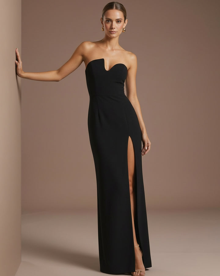 Black Strapless Sweetheart Notch Neck High Slit Maxi Dress