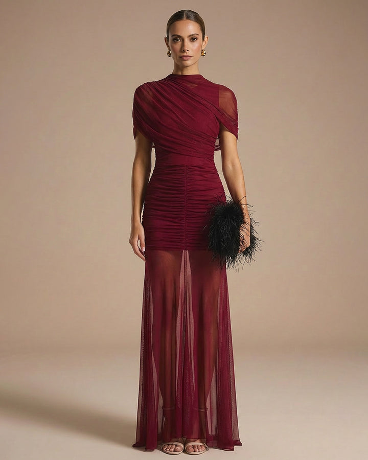 Burgundy Draped High Neck Ruched Bodycon Maxi Gown
