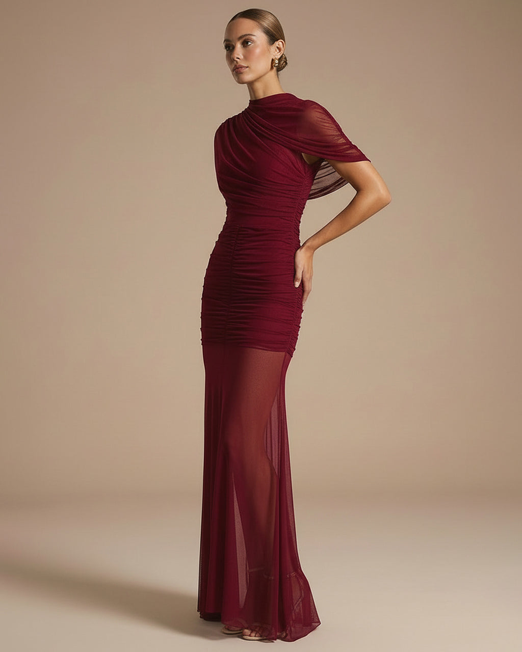 Burgundy Draped High Neck Ruched Bodycon Maxi Gown